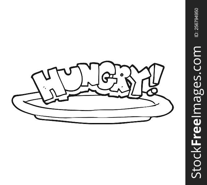 freehand drawn black and white cartoon empty plate with hungry symbol