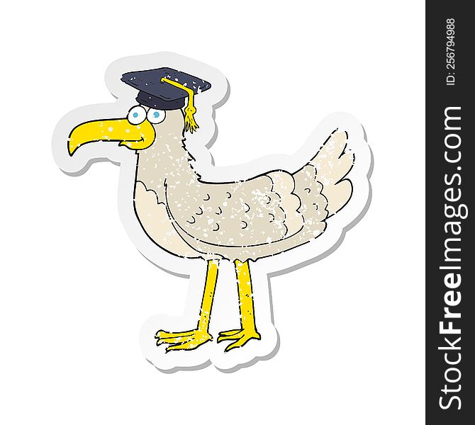 Retro Distressed Sticker Of A Cartoon Seagull With Graduate Cap