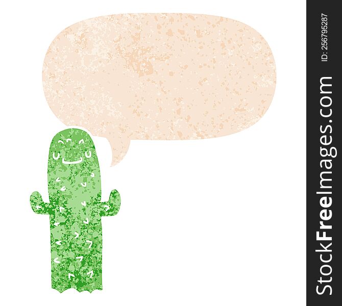 Cartoon Cactus And Speech Bubble In Retro Textured Style