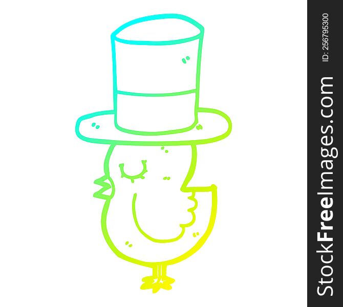 cold gradient line drawing of a cartoon bird wearing top hat