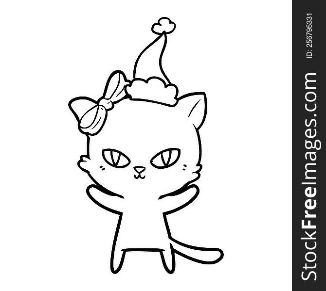 Cute Line Drawing Of A Cat Wearing Santa Hat