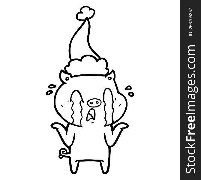 Crying Pig Line Drawing Of A Wearing Santa Hat