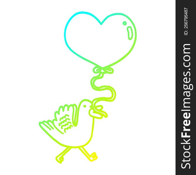 Cold Gradient Line Drawing Cartoon Bird With Heart Balloon
