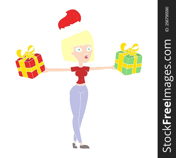 flat color illustration of a cartoon woman with xmas presents