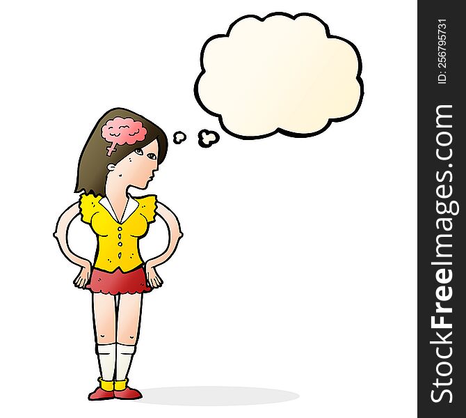 cartoon intelligent woman with thought bubble