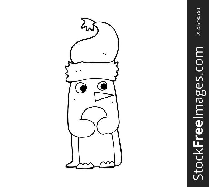 black and white cartoon penguin in christmas hat