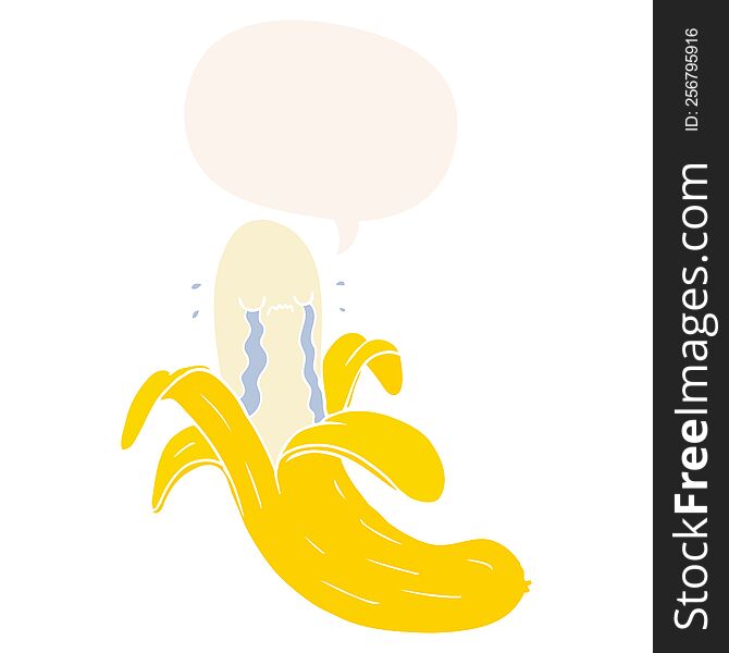 cartoon crying banana with speech bubble in retro style