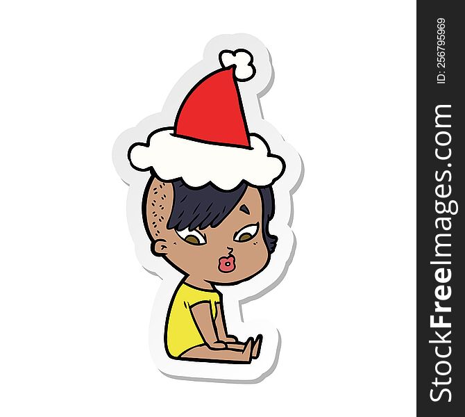 sticker cartoon of a surprised girl wearing santa hat