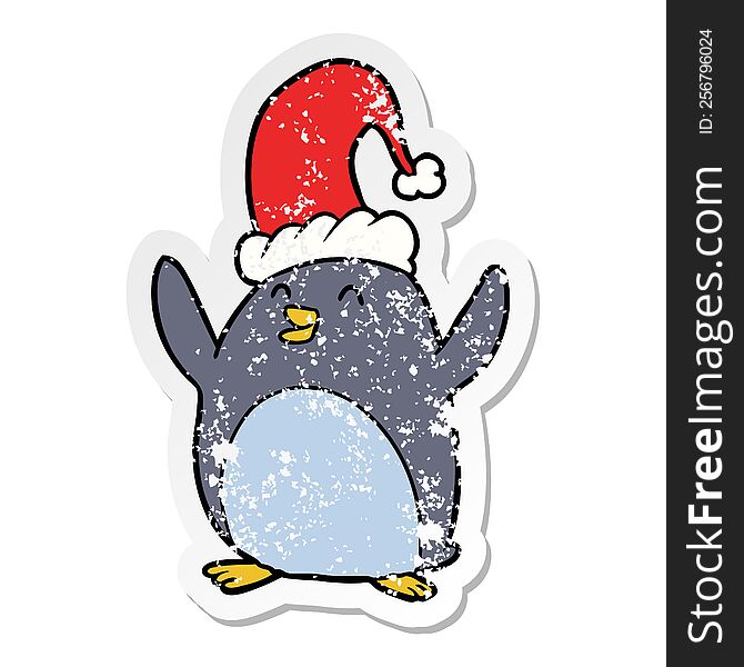 Distressed Sticker Of A Happy Christmas Penguin