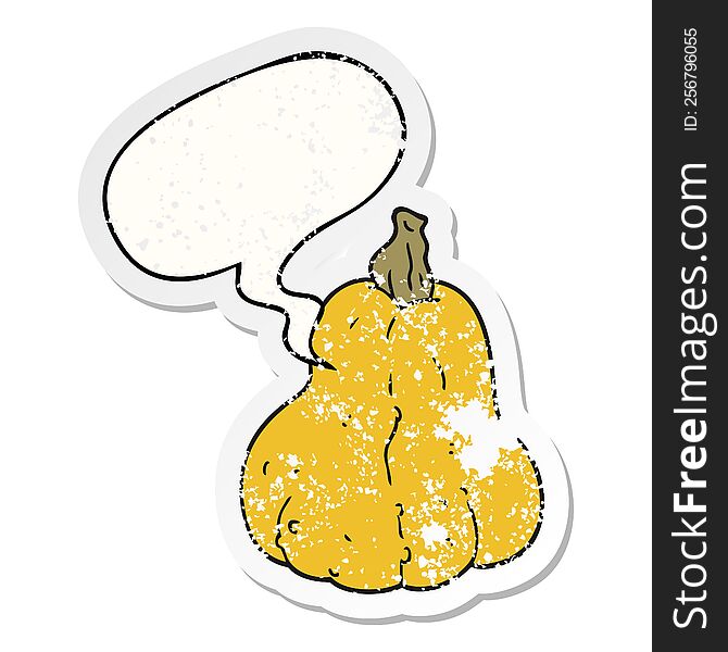 cartoon squash with speech bubble distressed distressed old sticker. cartoon squash with speech bubble distressed distressed old sticker