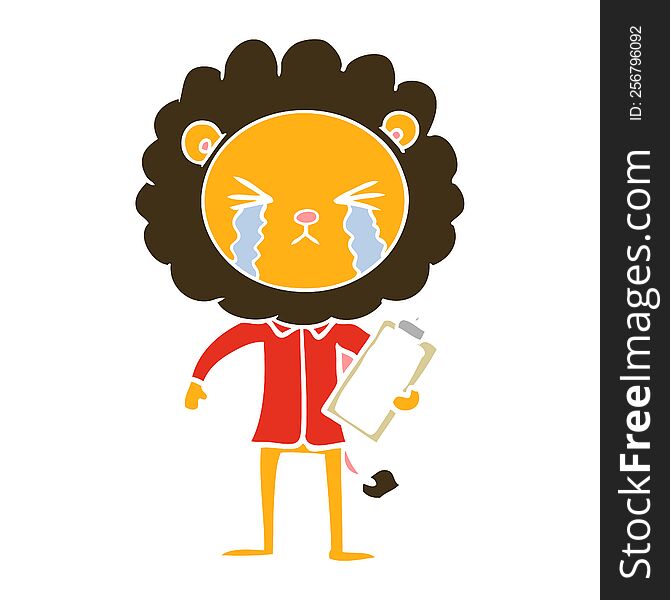 Flat Color Style Cartoon Crying Lion With Clipboard