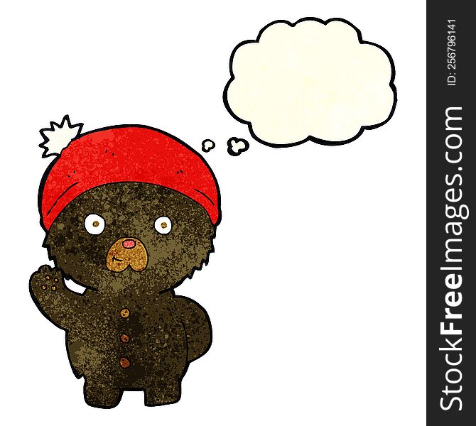 Cartoon Waving Black Teddy Bear In Winter Hat With Thought Bubble