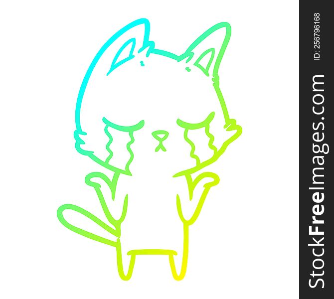 Cold Gradient Line Drawing Crying Cartoon Cat Shrugging