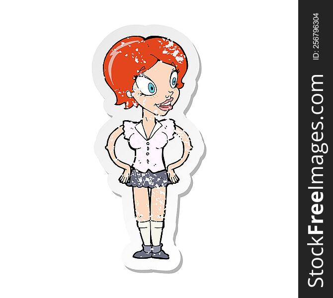 retro distressed sticker of a cartoon happy woman in short skirt