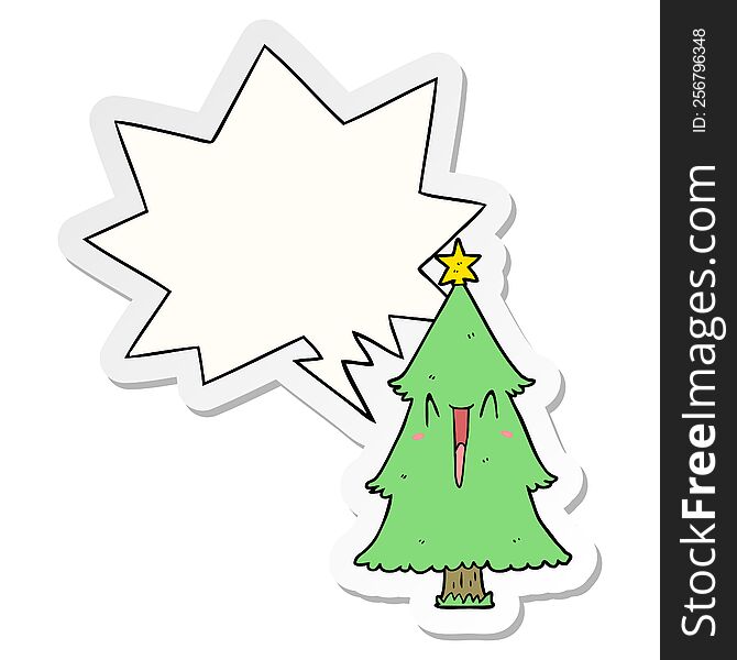 Cartoon Christmas Tree And Speech Bubble Sticker