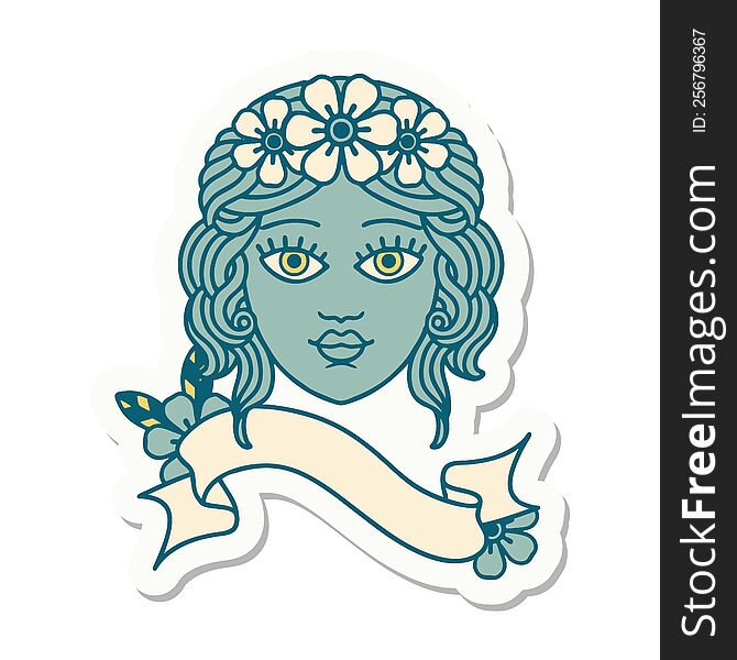 Tattoo Sticker With Banner Of Female Face With Crown Of Flowers