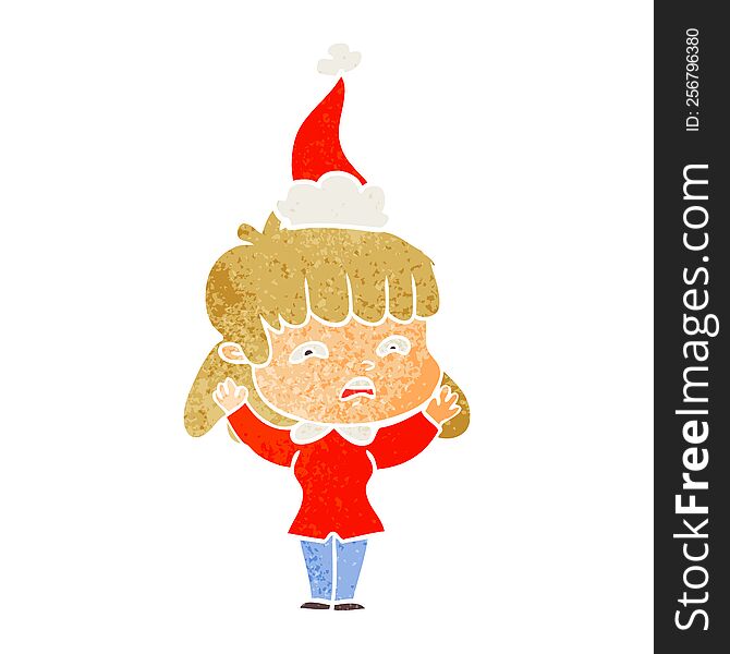 hand drawn retro cartoon of a worried woman wearing santa hat