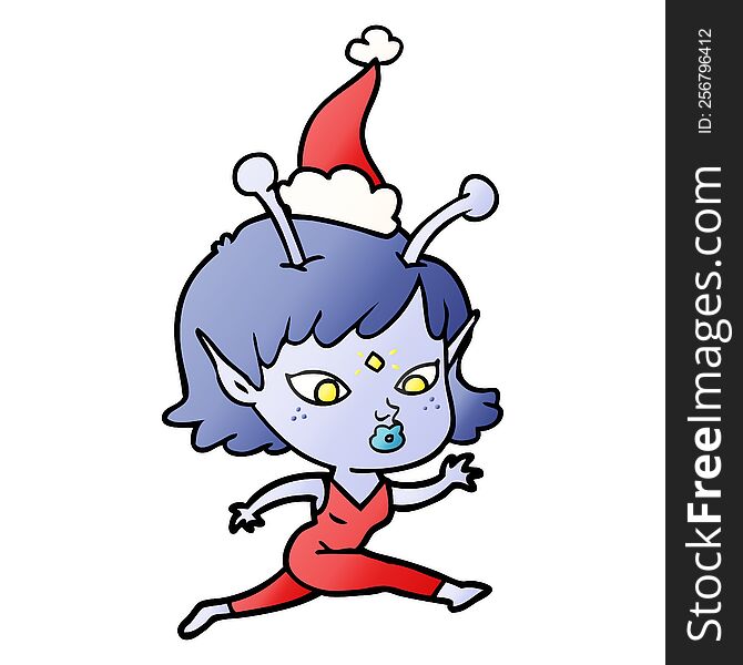 pretty hand drawn gradient cartoon of a alien girl running wearing santa hat