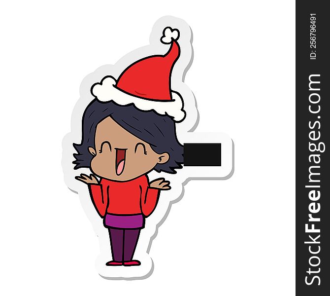 hand drawn sticker cartoon of a happy woman wearing santa hat