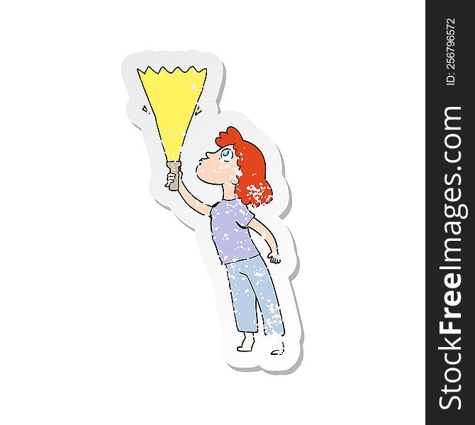 retro distressed sticker of a cartoon woman searching with torch