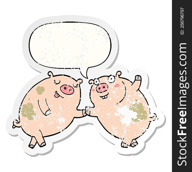 cartoon pigs dancing with speech bubble distressed distressed old sticker. cartoon pigs dancing with speech bubble distressed distressed old sticker
