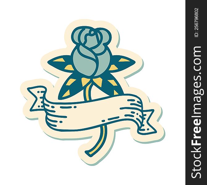 sticker of tattoo in traditional style of a rose and banner. sticker of tattoo in traditional style of a rose and banner