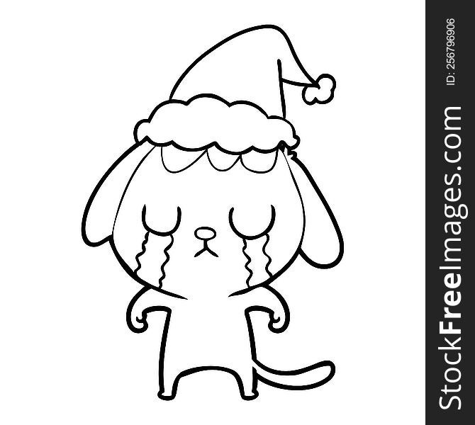 cute hand drawn line drawing of a dog crying wearing santa hat. cute hand drawn line drawing of a dog crying wearing santa hat