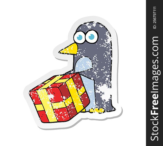 retro distressed sticker of a cartoon penguin with christmas present