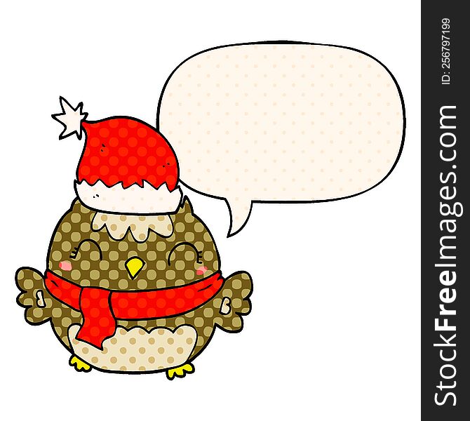 Cute Christmas Owl And Speech Bubble In Comic Book Style