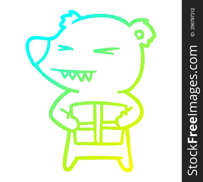 cold gradient line drawing of a angry bear cartoon with gift