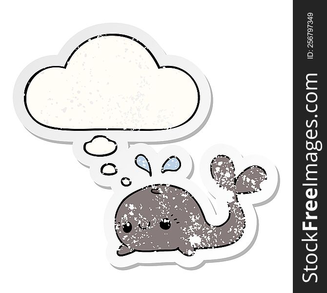 cute cartoon whale with thought bubble as a distressed worn sticker