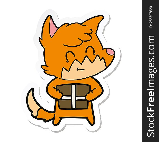 Sticker Of A Cartoon Friendly Fox With Gift