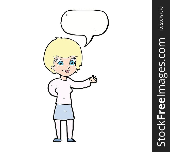 cartoon welcoming woman with speech bubble