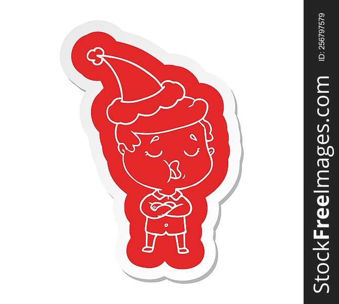 quirky cartoon  sticker of a man talking wearing santa hat