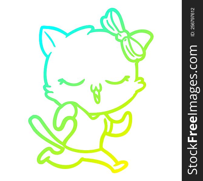 cold gradient line drawing of a cartoon cat with bow on head