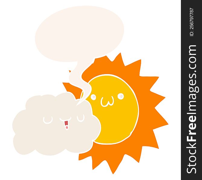cartoon sun and cloud with speech bubble in retro style