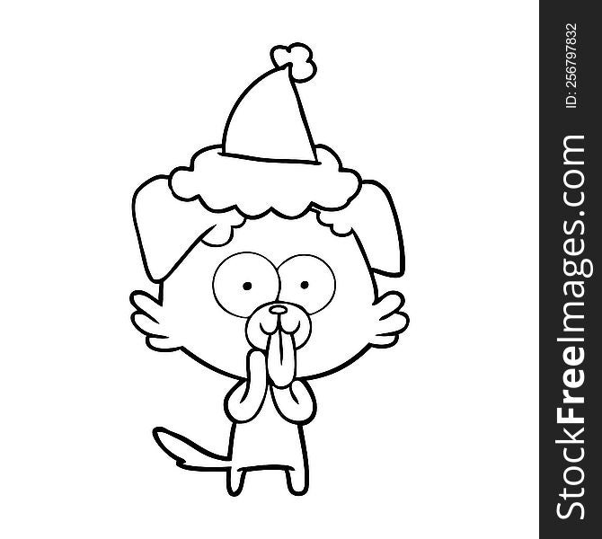 hand drawn line drawing of a dog with tongue sticking out wearing santa hat
