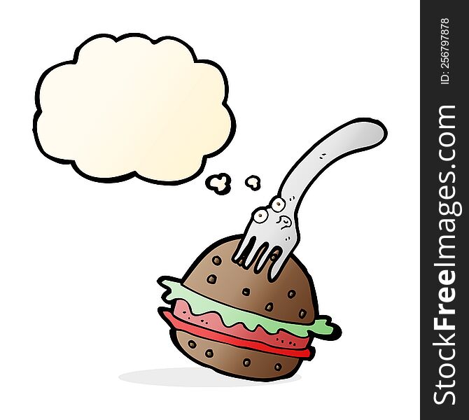 Cartoon Fork And Burger With Thought Bubble