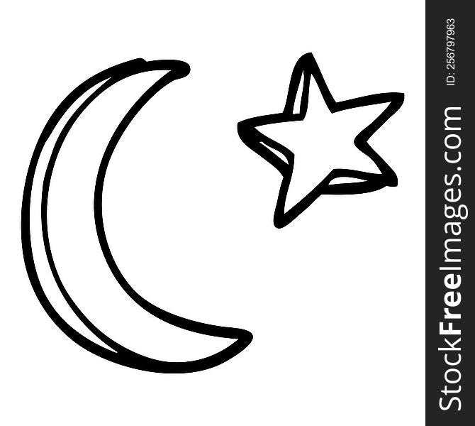 line drawing cartoon moon and star shape
