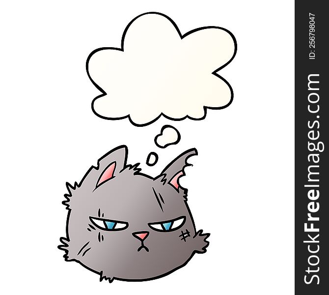 cartoon tough cat face with thought bubble in smooth gradient style