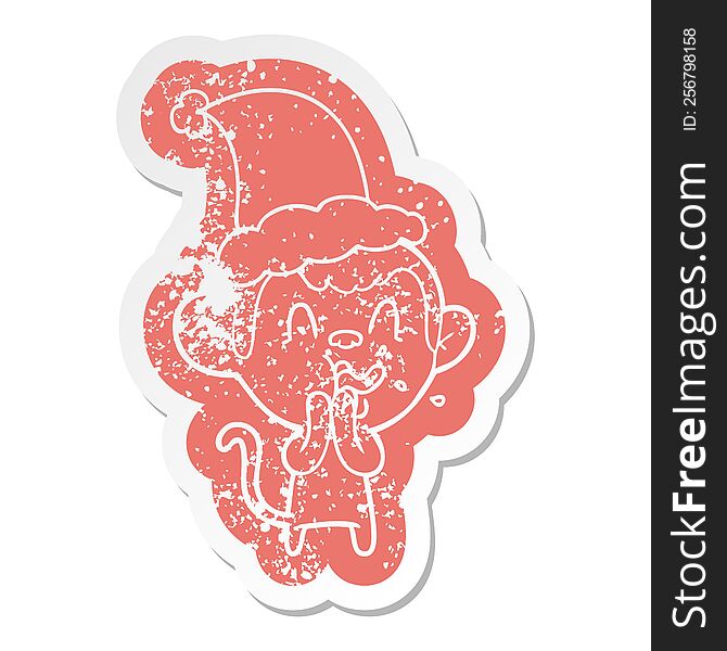 Crazy Cartoon Distressed Sticker Of A Monkey Wearing Santa Hat