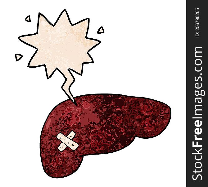 cartoon unhealthy liver and speech bubble in retro texture style