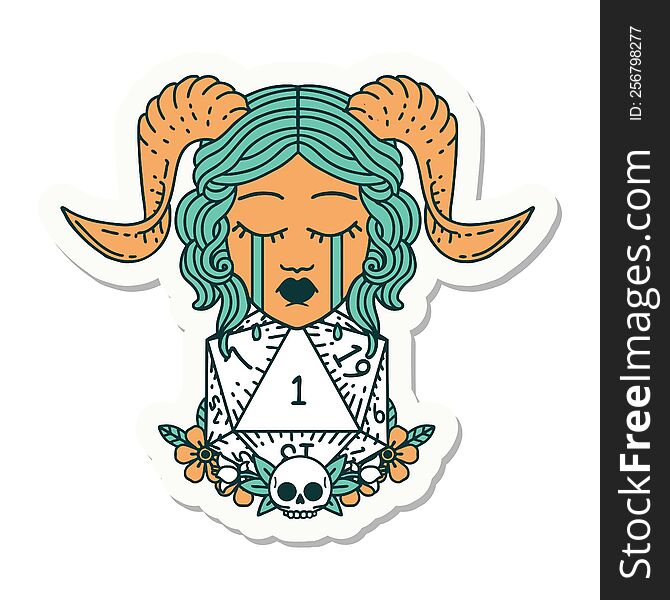 sticker of a crying tiefling with natural one D20 dice roll. sticker of a crying tiefling with natural one D20 dice roll
