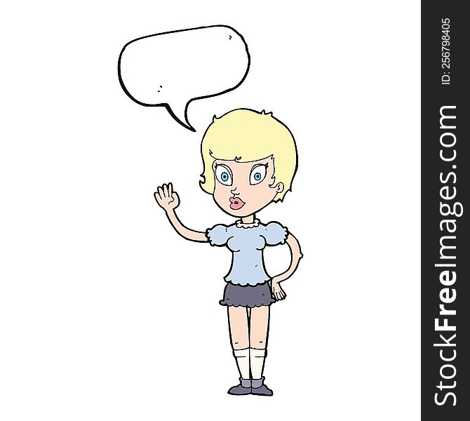 Cartoon Pretty Girl Waving With Speech Bubble