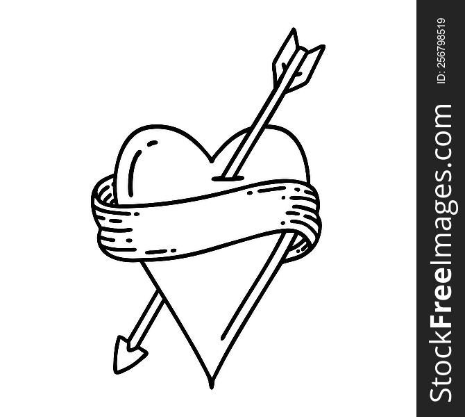 Black Line Tattoo Of An Arrow Heart And Banner