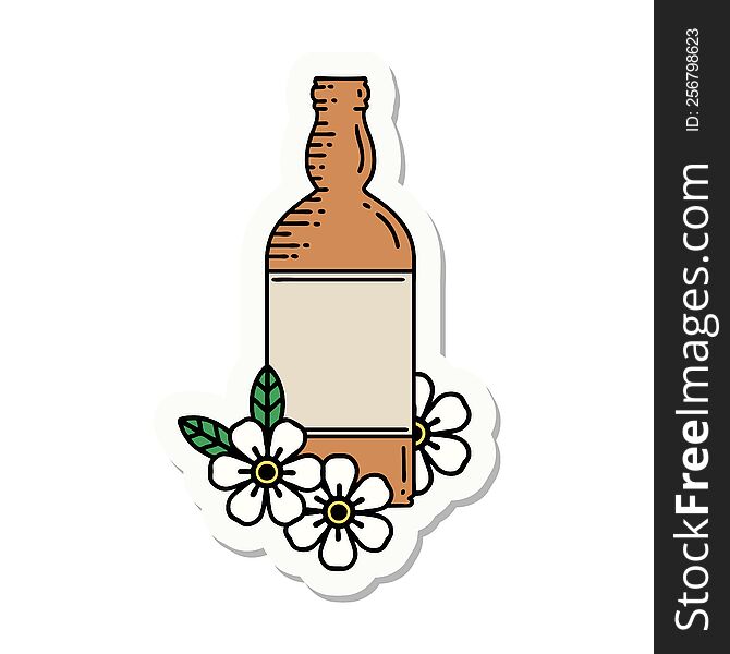 sticker of tattoo in traditional style of a rum bottle and flowers. sticker of tattoo in traditional style of a rum bottle and flowers