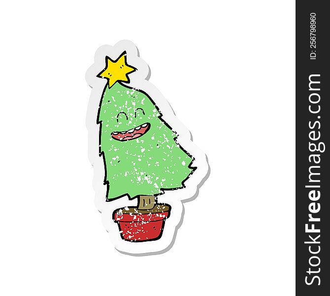 Retro Distressed Sticker Of A Cartoon Dancing Christmas Tree