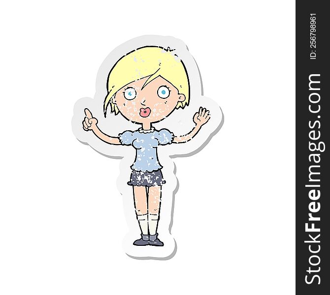 retro distressed sticker of a cartoon girl asking question