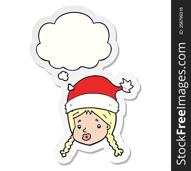 Cartoon Girl Wearing Christmas Hat And Thought Bubble As A Printed Sticker
