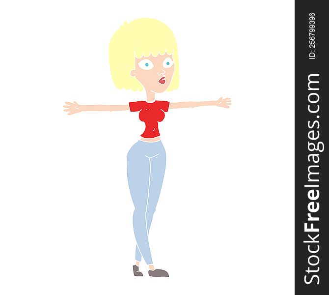 Flat Color Illustration Of A Cartoon Woman Spreading Arms